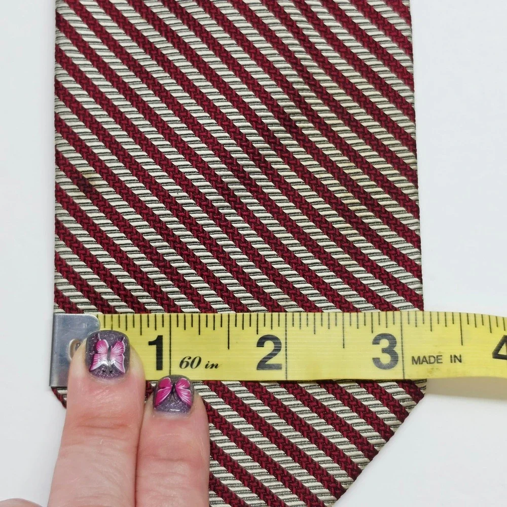 Christian Dior Silk Tie Mens OS Burgundy Silver Vintage Striped Necktie
